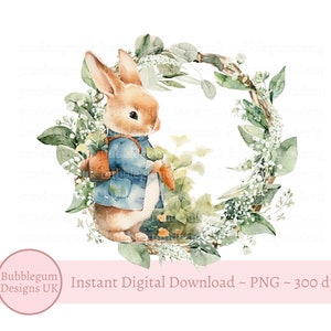 Blue Rabbit  Easter Wreath PNG, Bunny Sublimation Design, Easter Card Design, Easter T -shirt Design, Instant Digital Download