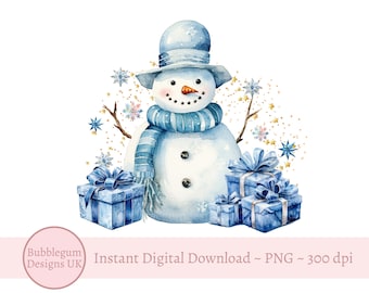 Cute Christmas Snowman PNG, Blue Christmas Snowman, Christmas Holiday Sublimation, Santa Sack PNG, Card Design, Instant Digital Download