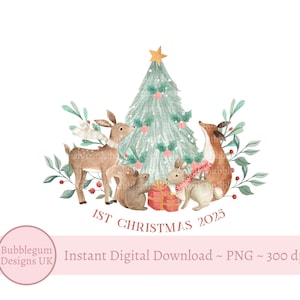 1st Christmas 2025 Winter Woodland PNG, Fox, Bunny, Deer Sublimation Design, Christmas Ornament, Baby T-Shirt, Instant Digital Download