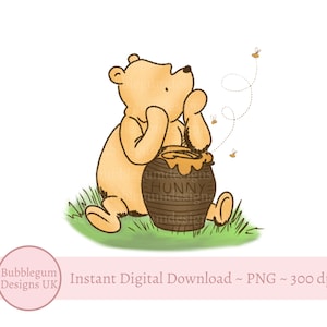 Winnie the Pooh clásico y tarro de miel, PNG, recién nacido, baby shower de Winnie, cumpleaños de Winnie the Pooh, osito Pooh, descarga digital instantánea