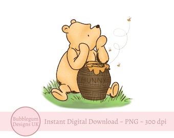 クラシックなくまのプーさんとハニーポット、PNG、新生児、くまのプーさんのベビーシャワー、くまのプーさんの誕生日、くまのプーさん、インスタントデジタルダウンロード