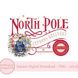Noordpool Express Delivery Red Christmas Design, Santa Reindeer Train, PNG, sublimatieontwerp, ontwerp kerstmanzak, instant digitale download