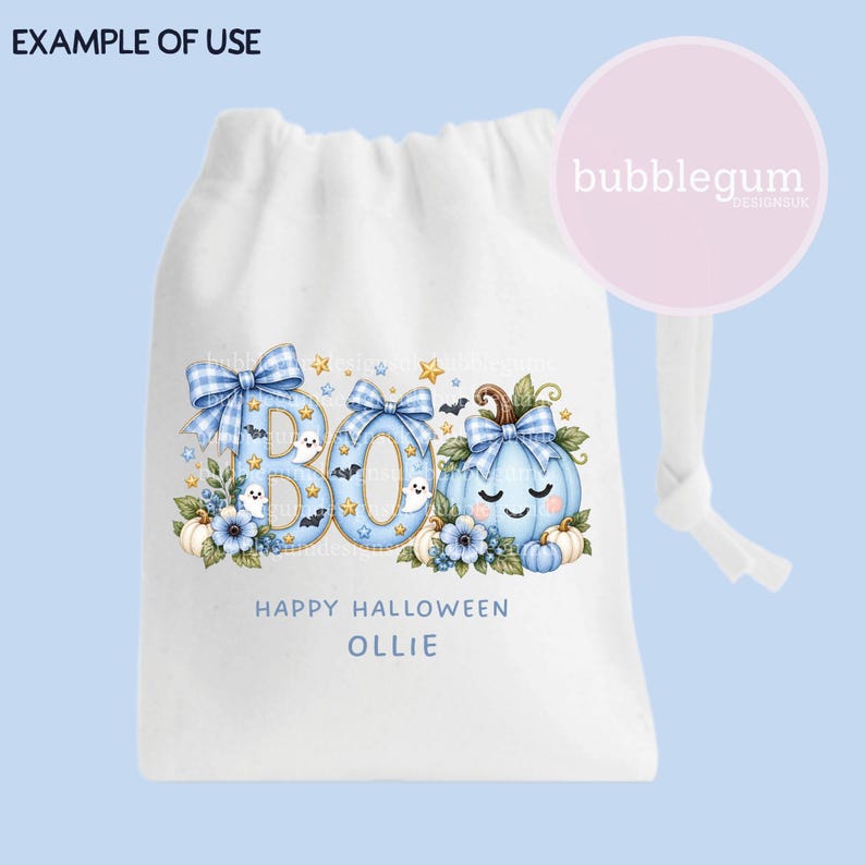May include: A white drawstring bag featuring a blue graphic with the text BOO, HAPPY HALLOWEEN, and OLLIE. The design includes a light blue pumpkin with a face, blue plaid bows, small ghosts, bats, stars, and floral accents in shades of blue.
