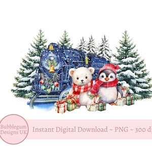 Design a sublimazione del treno di Natale con orso polare e pinguino, PNG, design della maglietta del primo Natale, design del sacco di Babbo Natale, download digitale istantaneo