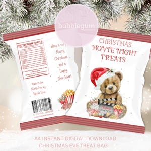 Pakiet świątecznych smakołyków filmowych Teddy Bear, A4 do wydrukowania w formacie JPG, woreczek na przekąski na Wigilię, pudełko smakołyków na Wigilię, natychmiastowe pobieranie cyfrowe