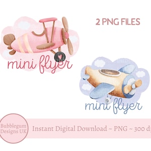 ブルー & ピンクのミニフライヤー PNG、子供用飛行機ホリデー デザイン、ホリデー T シャツ昇華デザイン、初めてのホリデー、インスタント デジタル ダウンロード