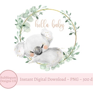 Couronne d'eucalyptus bébé koala PNG, conception par sublimation, nouveau bébé, baby shower, bébé koala, clipart couronne de bébé bonjour, téléchargement immédiat