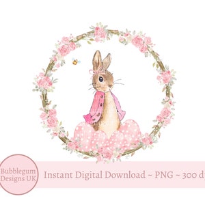 Pink Flopsy Bunny Easter Wreath PNG, Easter Bag Sublimation Design, Easter Card Design, Baby Bodysuit Design, Instant Digital Download