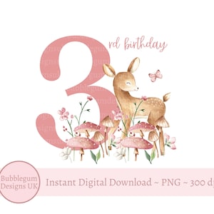 Woodland Baby Deer PNG, Birthday Sublimation Design, Pink Girls 3rd Birthday, Third Birthday Deer Design, Three, Instant Digital Download