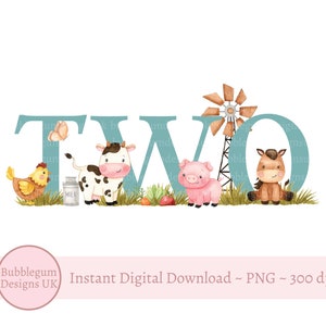 Dos PNG de 2.º cumpleaños de Blue Farm, diseño de sublimación de animales de granja, diseño de camiseta de cumpleaños (vaca, cerdo, caballo, pollo), descarga digital instantánea