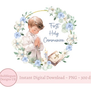 Erste heilige Kommunion Kranz PNG, Jungen 1. Kommunion Sublimationsdesign, Blauer Blumenkranz, Bibel, Beten, sofortiger digitaler Download