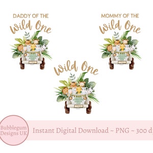 3 x Baby Safari Animals Wild One PNG, Design a sublimazione di animali del safari in camion, Disegni per magliette della famiglia Wild One, Download digitale istantaneo