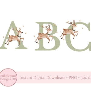 Sage Green Reindeer Christmas Alphabet PNG, Sublimacja Jelenia Bożonarodzeniowego, 26 Pojedynczych Liter Alfabetu Clipart, Natychmiastowe Pobieranie Cyfrowe