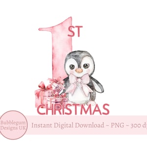 Cute Pink Penguin 1st Christmas PNG, My First Christmas Sublimation Design, Girls 1st Christmas Design, Instant Digital Download