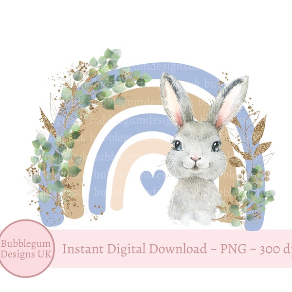 Baby Bunny Blue Rainbow PNG, Bunny Rabbit Clipart, New Baby Card Design, Bunny Rainbow, Birthday Rabbit,  Instant Digital Download