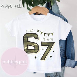 May include: White t-shirt with the text "I WAS 67 NOW I'M 67". The number 67 is in a camouflage pattern. The shirt has a banner with green flags and black stars. The shirt is hanging on a wooden hanger.