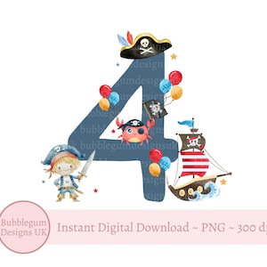 Bleu pirate 4e anniversaire PNG, clipart pirate troisième anniversaire, conception de cartes de bateau pirate, sublimation de tee d'anniversaire, téléchargement numérique instantané