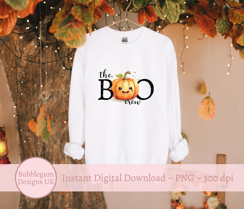 May include: White long-sleeve sweatshirt with the text "the BOO crew" and a cartoon pumpkin with a smiling face.