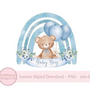 Osito de peluche para bebé recién nacido, globos azules y arcoíris PNG, clipart de osito de peluche, baby shower de osito de peluche, bebé recién nacido, descarga digital instantánea