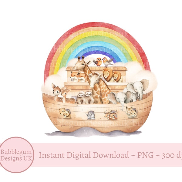 Noah's Ark & Rainbow PNG, Noah's Ark Sublimation Design, Baptism, Christening, Naming Day Card Design, Animals Ark, Instant Digital Download