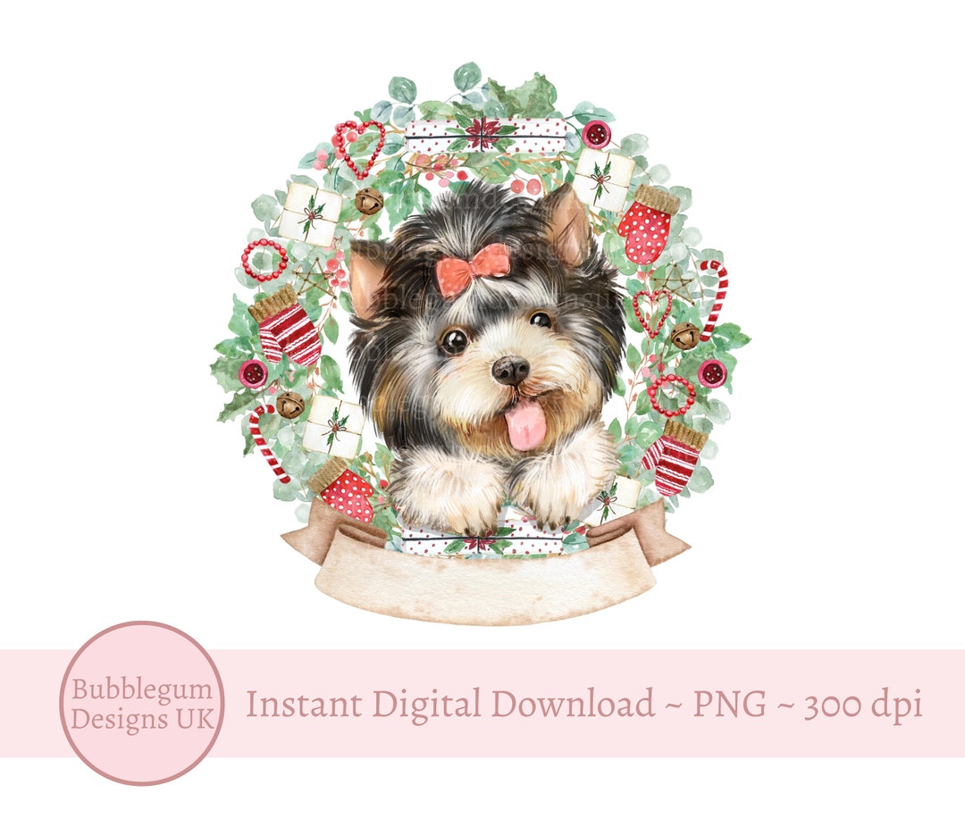 Puppy Christmas Wreath Yorkshire Terrier PNG, Sublimation Design, Card