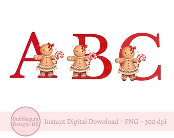 Alfabeto de jengibre navideño de niña roja PNG, Alfabeto de jengibre de 26 letras individuales, ABC navideño, Descarga digital instantánea