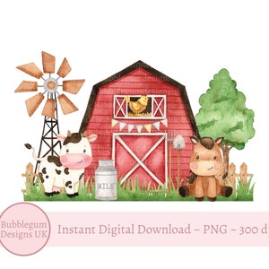 Red Farm Barn PNG, Design a sublimazione di animali da fattoria, Design di magliette da fattoria, Design di biglietti di compleanno, Mucca, Cavallo, Download digitale istantaneo