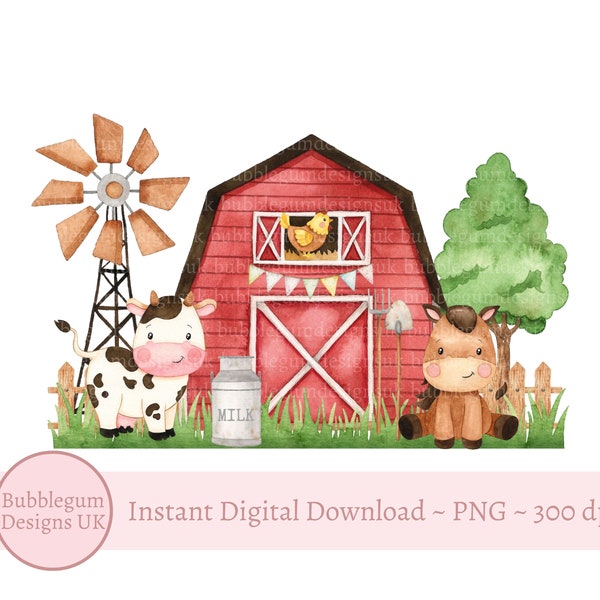 Red Farm Barn PNG, Farm Animals Sublimation Design, Farm T Shirt Design, Birthday Card Design, Cow, Horse, Instant Digital Download