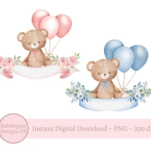 Set di 2 - Palloncini e striscione Teddy Bear, Orso rosa, Orso blu Sublimazione, Nuovo bambino, Baby shower, Download digitale istantaneo