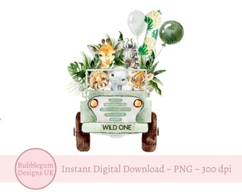 Baby Safari Animals Kids Car PNG, Watercolor Baby Animals, Wild One PNG ...