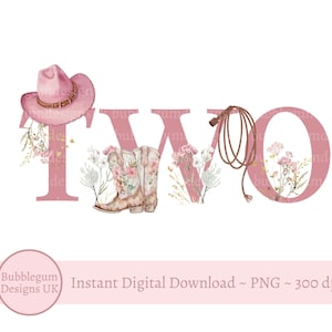 Zwei Cowgirl, rosa Kuhmädchen Stiefel & Hut, PNG, Sublimationsdesign zum 2. Geburtstag, Cowgirl Sublimation, Wilder Westen Party, sofortiger digitaler Download