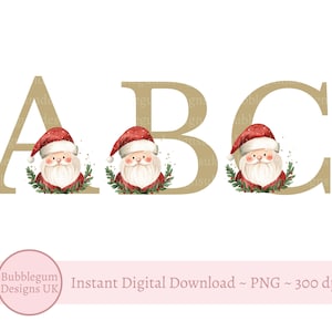Puede incluir: Letras doradas A, B y C, cada una adornada con una ilustración de acuarela de Papá Noel. Papá Noel lleva un gorro rojo y tiene una barba blanca, rodeado de follaje verde. La imagen tiene un tema navideño festivo.
