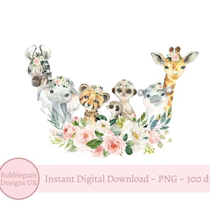 Bebê Safari Animais Floral PNG, Aquarela Bebês Animais, Safari T Shirt Sublimação Design, Meninas Safari Aniversário, Instant Digital Download
