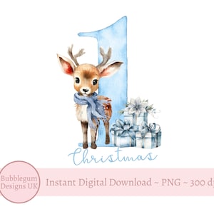 私の最初のクリスマス ブルー ディア PNG、赤ちゃんの初めてのクリスマス、クリスマス ホリデー昇華、赤ちゃん鹿のスカーフ、トナカイ、インスタント デジタル ダウンロード