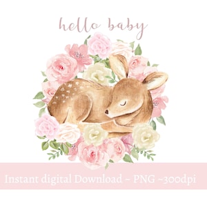 Hello Baby Pink Rose Wreath Sleeping Baby Deer, PNG, New Baby, Baby Announcement, Baby Girl, Baby Shower Deer, Instant Digital Download