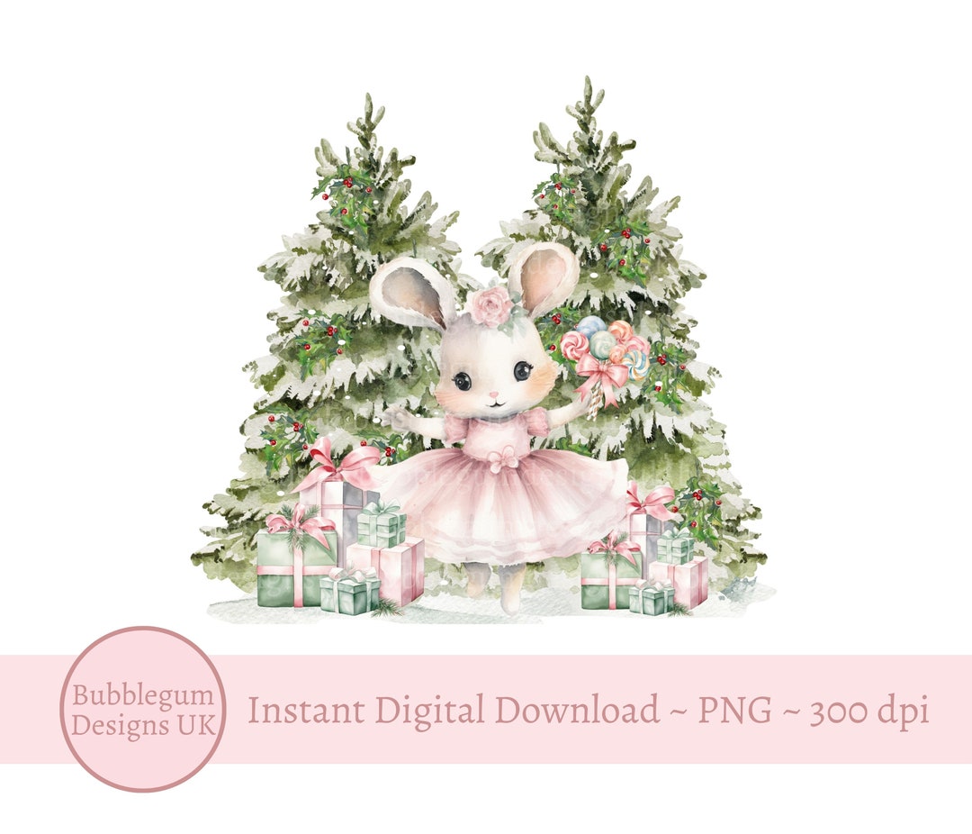 Pink Ballerina Bunny Sublimation Design, PNG, 1st Christmas Card Design