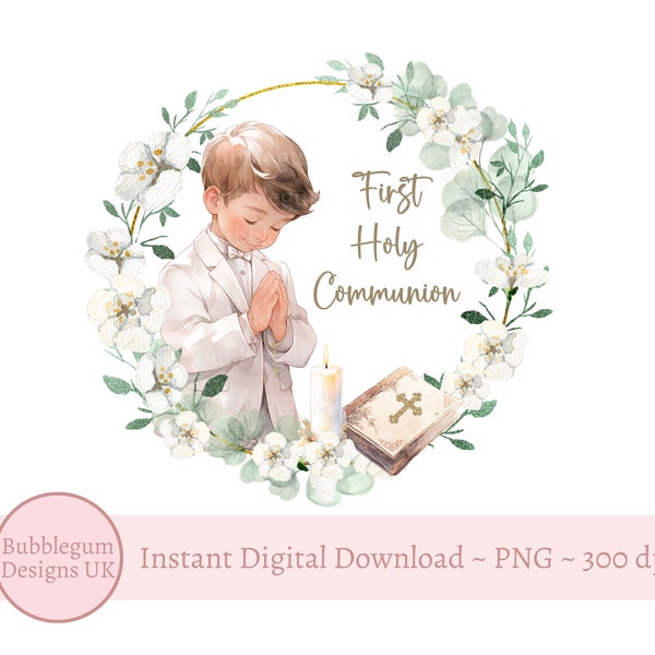 First Holy Communion Wreath PNG, Boys 1st Communion Sublimation Design, Eucalyptus Floral Wreath, Bible, Praying, Instant Digital Download