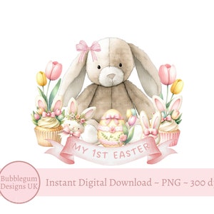 Pink My 1st Easter Lop Ear Bunny & Treats Sublimation Design, PNG, Easter Bunny, Girl's 1st Easter, Bunny Rabbit, Instant Digital Download