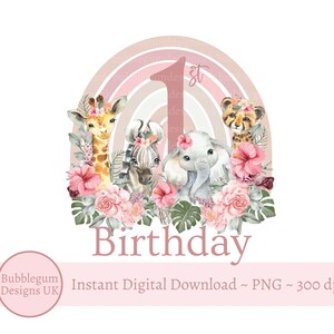 May include: A pink and white watercolor illustration of a rainbow with a large number one in the center. The number one is surrounded by a giraffe, zebra, elephant, and cheetah. The animals are surrounded by pink flowers and green leaves. The text "Birthday" is below the animals.