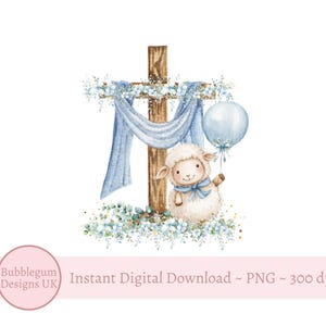 May include: A watercolour illustration of a white lamb holding a blue balloon, standing in front of a wooden cross decorated with blue and white flowers. The cross is draped with a blue fabric.