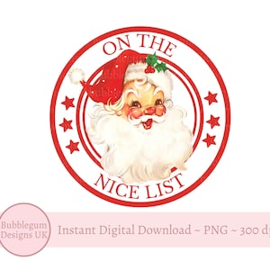Diseño de lista de buenos deseos de Papá Noel rojo, calcomanía navideña vintage de Papá Noel PNG, diseño de sublimación de lista de buenos deseos de Papá Noel, descarga digital instantánea