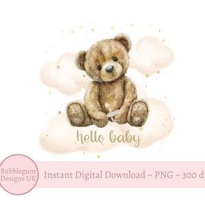 Ours en peluche nuages & étoiles dorées PNG, clipart neutre ours en peluche, Shower de bébé ours, bonjour bébé, petite fille, petit garçon, téléchargement immédiat