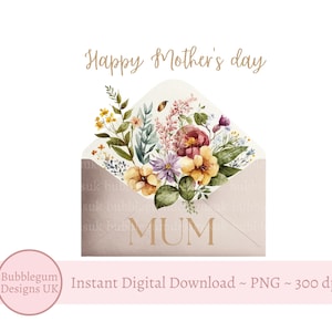 Sobre floral dorado PNG para el día de la madre, diseño de tarjeta para el día de la madre, diseño de sublimación para el día de la madre, mamá, descarga digital instantánea