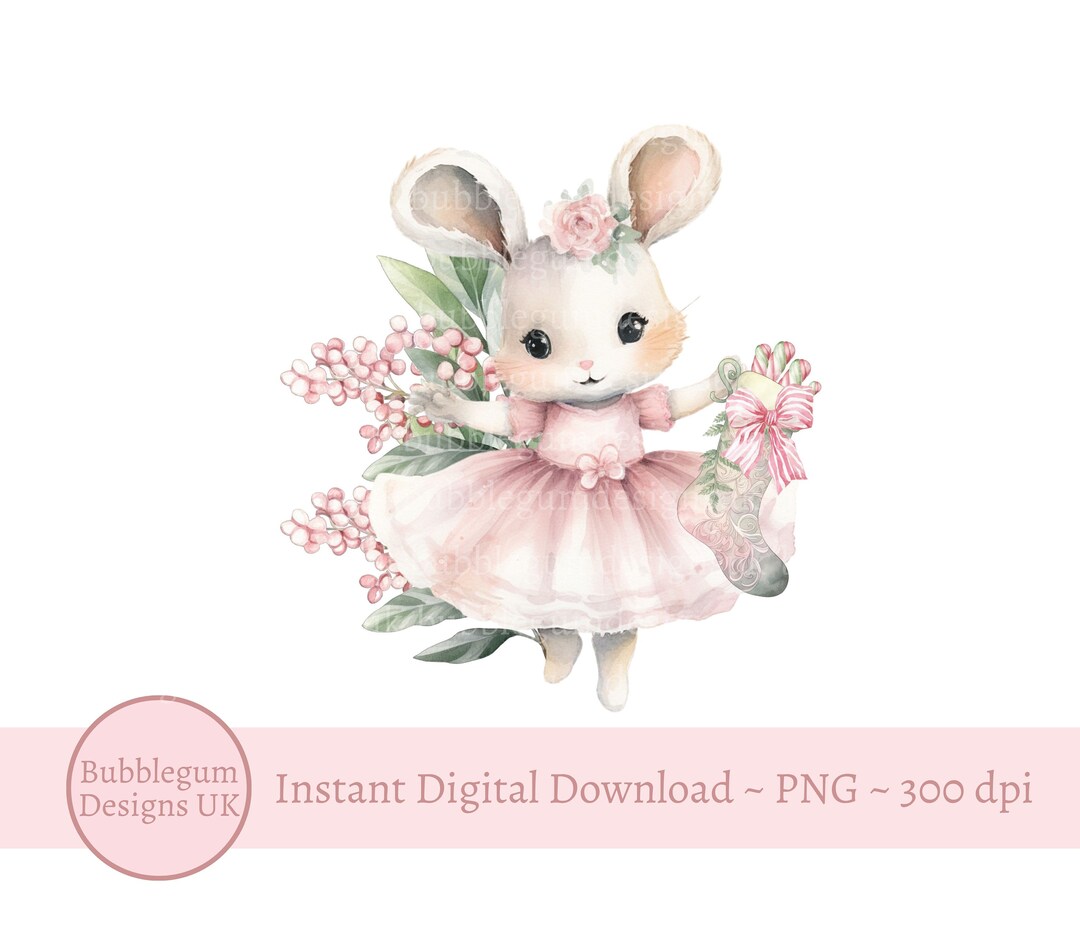 Pink Ballerina Bunny Sublimation Design, PNG, 1st Christmas Card Design
