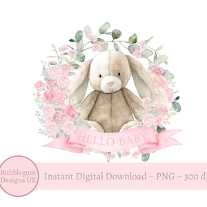 Corona de conejito floral rosa Hello Baby PNG, diseño de sublimación para niña, bebé recién nacido, baby shower, clip art de Hello Baby, descarga digital instantánea