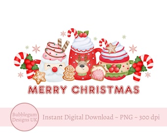 Diseño de sublimación de dulces navideños de chocolate caliente, PNG, letrero de chocolate caliente, saco de Papá Noel, diseño de taza navideña, descarga digital instantánea