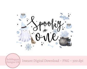 Spooky One Halloween 1st Birthday Cute Ghost & Blue Pumpkins PNG, Halloween Sublimation Design, Halloween Shirt, Instant Digital Download