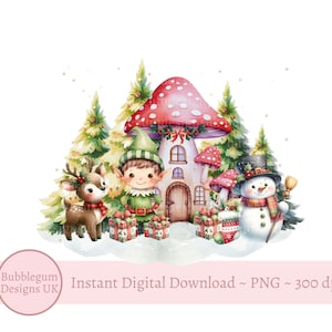 Noël champignon vénéneux elfe maison PNG, garçon elfe, bonhomme de neige et renne Design en sublimation, boîte de Noël, sac du père Noël, téléchargement immédiat