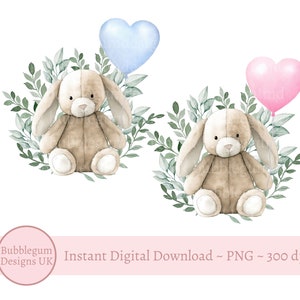 Set von 2 Eukalyptus Lop Ohr Häschen mit rosa und blauen Ballon PNG, Häschen Sublimationsdesign, Ostern, neues Baby, Kaninchen, sofortiger digitaler Download