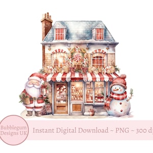 Lebkuchenbäckerei Weihnachtsmann und Schneemann PNG, Weihnachtskartendesign, Lebkuchen, Jolly Santa Sublimationsdesign, sofortiger digitaler Download